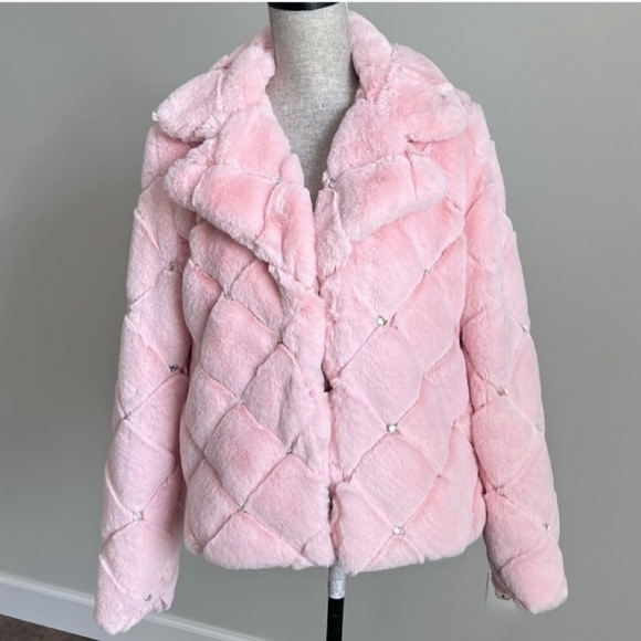 NYCO Pink Faux Fur Coat Quilted Embellished Jacket Barbie Bling Medium - Picture 4 of 14